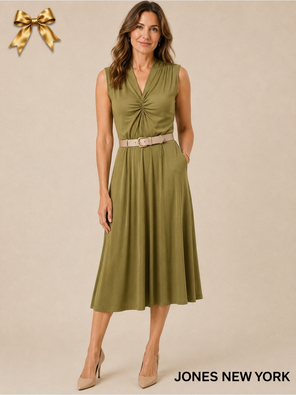 JONES NY NWT Rayon Belted Deep Olive green Sleeveless Ruched Dress Size Large